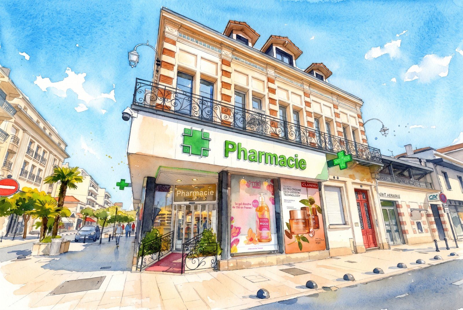 Illustration à l’aquarelle de la façade de la Pharmacie Centrale d’Arcachon, avec ses croix vertes, à l’angle de l’avenue Gambetta